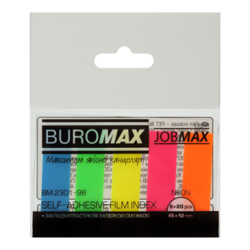 Закладки пластикові NEON, JOBMAX, з клейким шаром, 45x12 мм, 5 кол.по 20 арк.